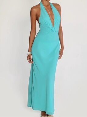 Turquoise Halter Maxi Dress with Twist Front
